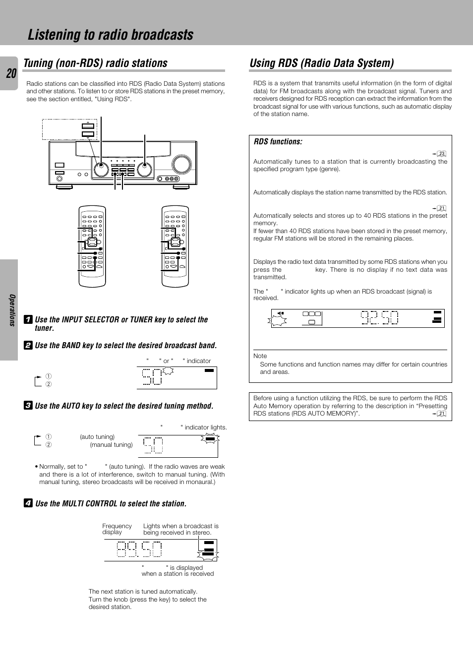 Listening to radio broadcasts, Tuning (non-rds) radio stations, Using rds (radio data system) | Rds functions, Operations, Multi control, Tuner auto band | Kenwood KRF-V4530D User Manual | Page 20 / 32