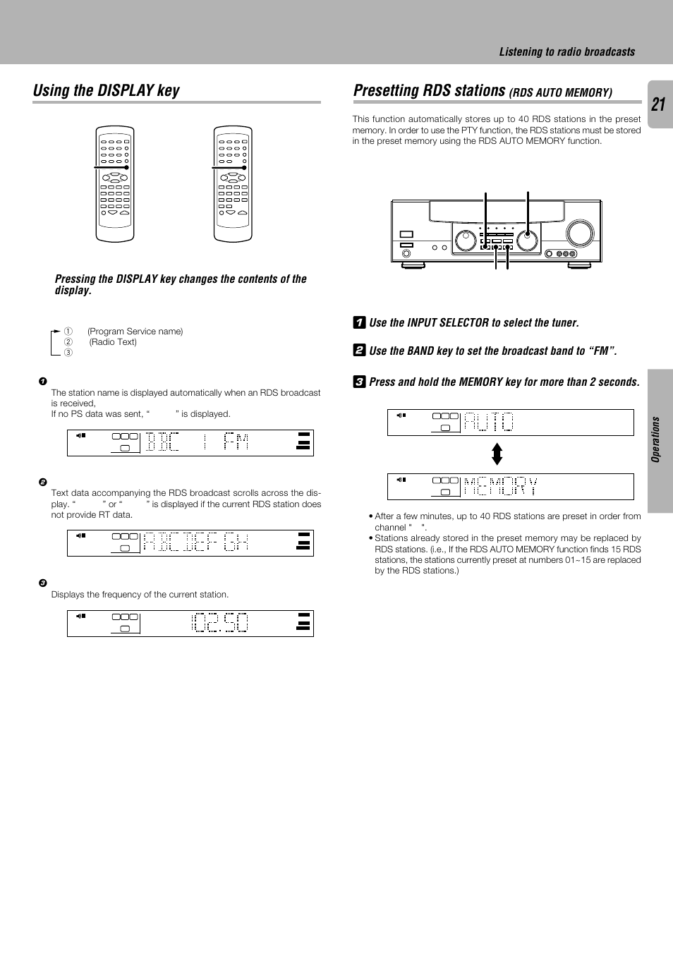 Using the display key, Presetting rds stations (rds auto memory), Presetting rds stations | Listening to radio broadcasts, Operations, Display, 1(program service name) 2 (radio text) 3 | Kenwood KRF-V4530D User Manual | Page 21 / 32
