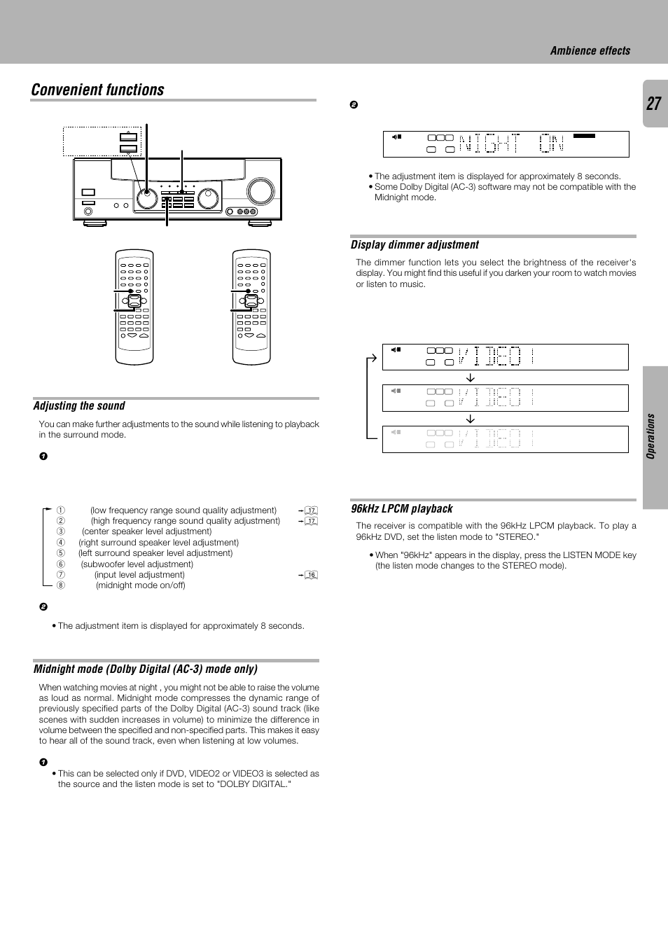 Convenient functions, Ambience effects display dimmer adjustment, Adjusting the sound | Midnight mode (dolby digital (ac-3) mode only), 96khz lpcm playback, Operations, Multi control sound multi control, Dimmer sound, Sound, Multi control | Kenwood KRF-V4530D User Manual | Page 27 / 32