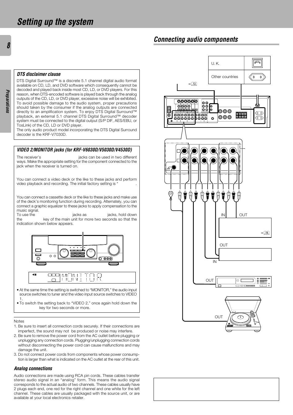 Setting up the system, Connecting audio components, Analog connections | Dts disclaimer clause, Preparations, Monitor | Kenwood KRF-V4530D User Manual | Page 8 / 32