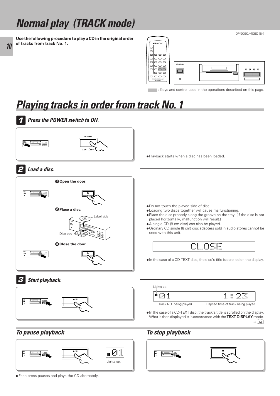 Normal play (track mode), Playing tracks in order from track no. 1 | Kenwood DP-4090 User Manual | Page 10 / 24