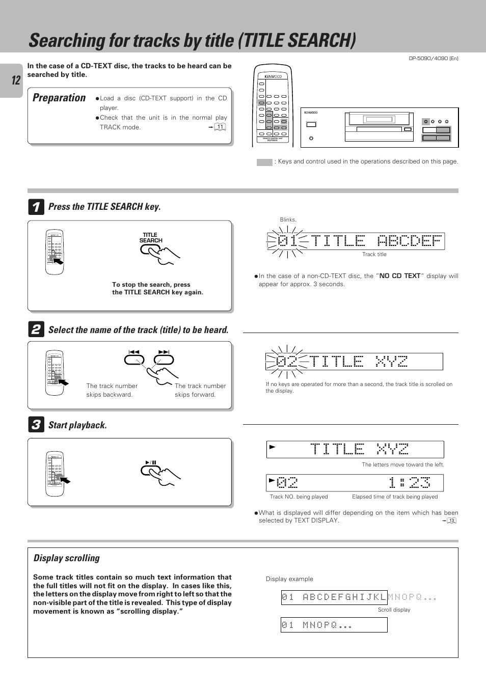 Searching for tracks by title (title search) | Kenwood DP-4090 User Manual | Page 12 / 24