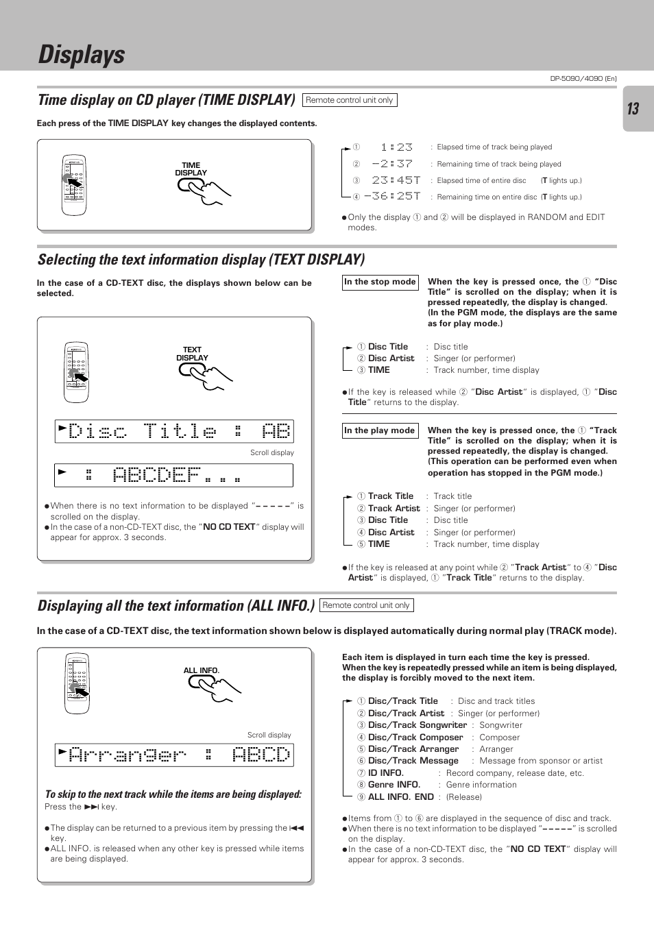 Displays, Time display on cd player (time display), Displaying all the text information (all info.) | Kenwood DP-4090 User Manual | Page 13 / 24