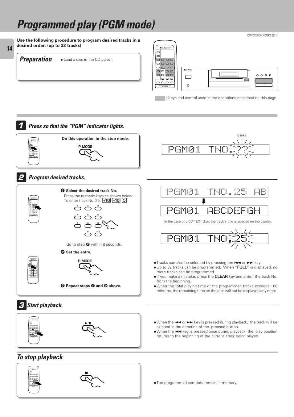 Programmed play (pgm mode), To stop playback, Gp 0 m 1 n t . o | Gp 0 m 1 n t . o 5 2 ab, Preparation | Kenwood DP-4090 User Manual | Page 14 / 24