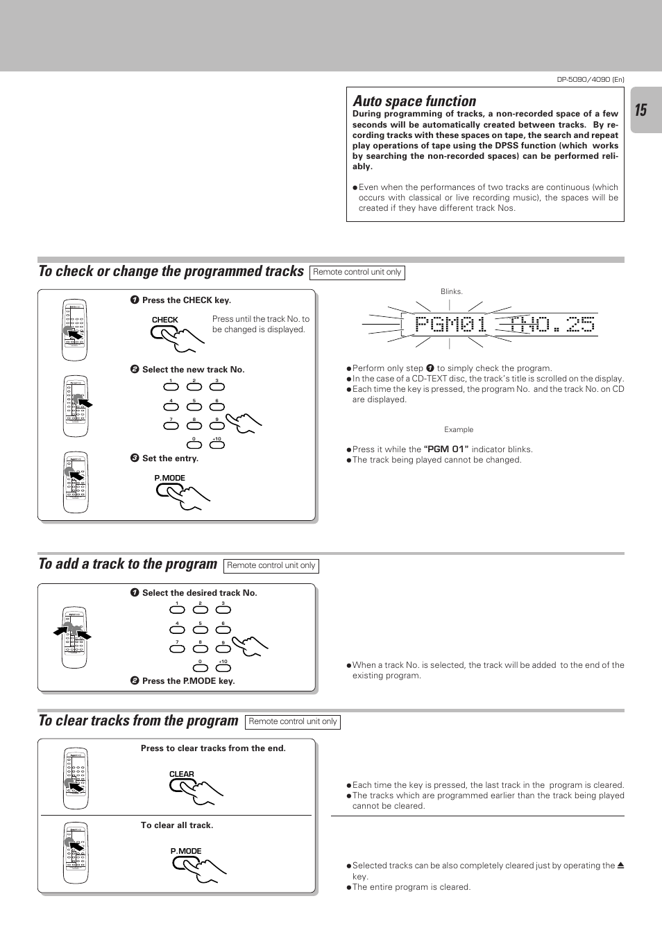 To check or change the programmed tracks, To add a track to the program, To clear tracks from the program | Gp 0 m 1 n t . o 5 2, Auto space function | Kenwood DP-4090 User Manual | Page 15 / 24