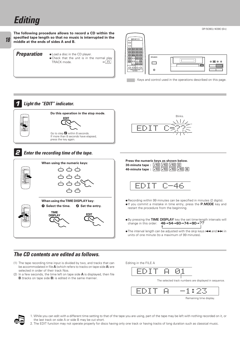 Editing, The cd contents are edited as follows, De t i c | Preparation | Kenwood DP-4090 User Manual | Page 18 / 24