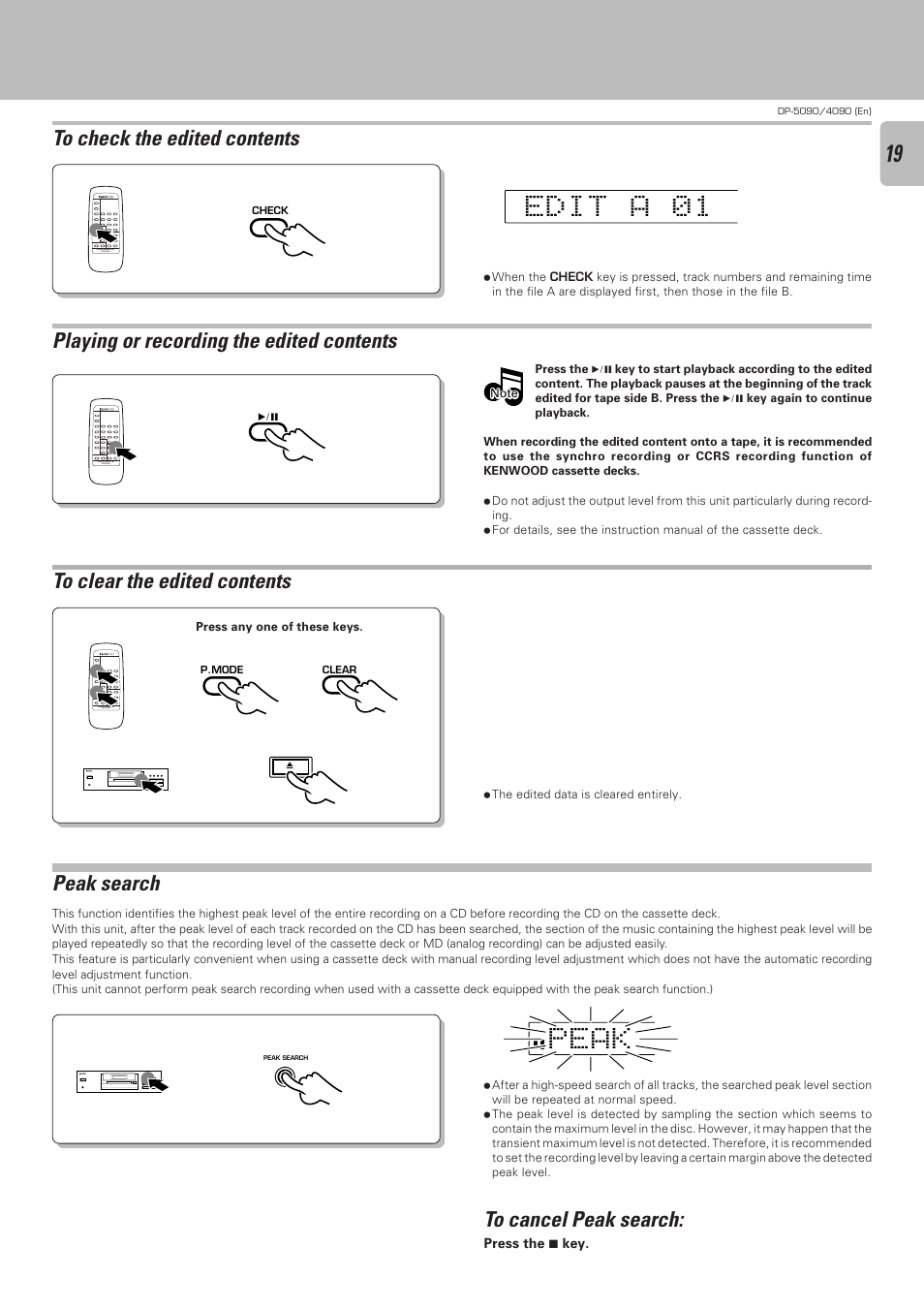 To check the edited contents, Playing or recording the edited contents, To clear the edited contents | Peak search, Ep k a | Kenwood DP-4090 User Manual | Page 19 / 24