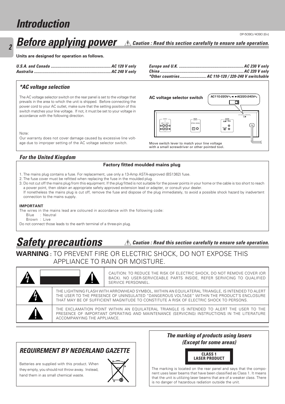 Introduction, Before applying power, Safety precautions | Requirement by nederland gazette, Warning, Ac voltage selection, For the united kingdom | Kenwood DP-4090 User Manual | Page 2 / 24