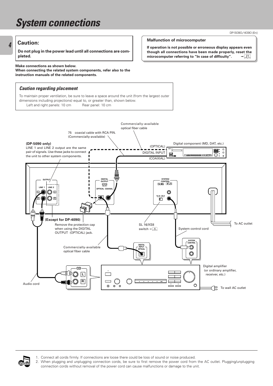 System connections, Caution, Caution regarding placement | Kenwood DP-4090 User Manual | Page 4 / 24