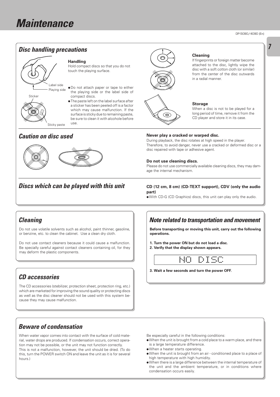 Maintenance, Caution on disc used, Disc handling precautions | Cleaning, Cd accessories | Kenwood DP-4090 User Manual | Page 7 / 24