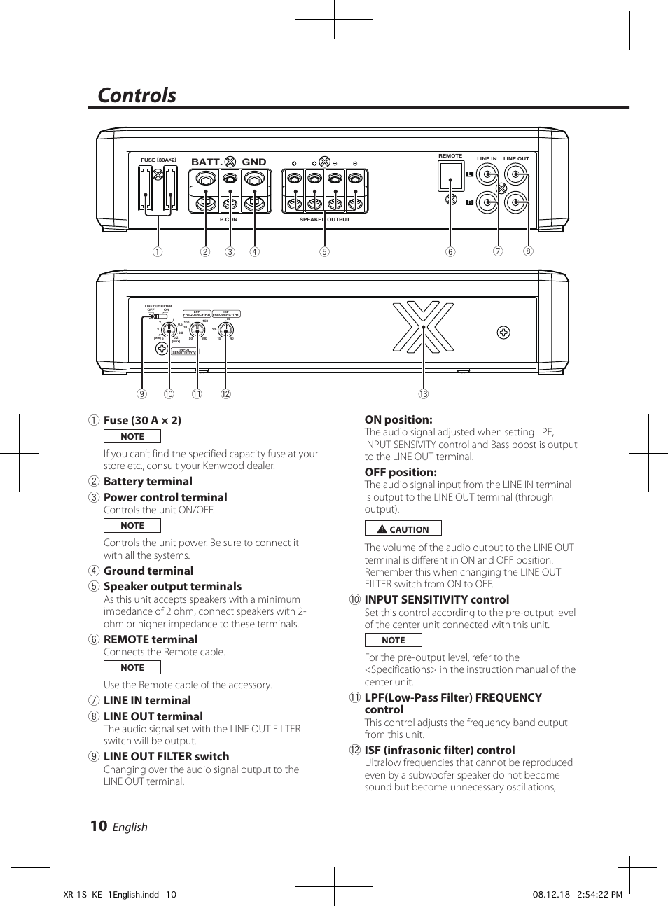 Controls, English, 1fuse (0 a × ) | 2battery terminal 3 power control terminal, 4ground terminal 5 speaker output terminals, 6remote terminal, 7line in terminal 8 line out terminal, 9line out filter switch, On position, Off position | Kenwood XR-1S User Manual | Page 10 / 36