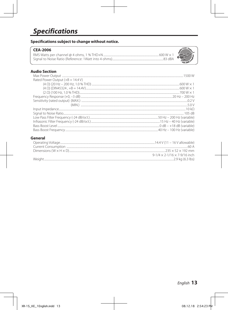 Specifications | Kenwood XR-1S User Manual | Page 13 / 36
