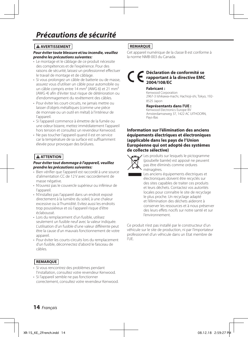 Précautions de sécurité | Kenwood XR-1S User Manual | Page 14 / 36