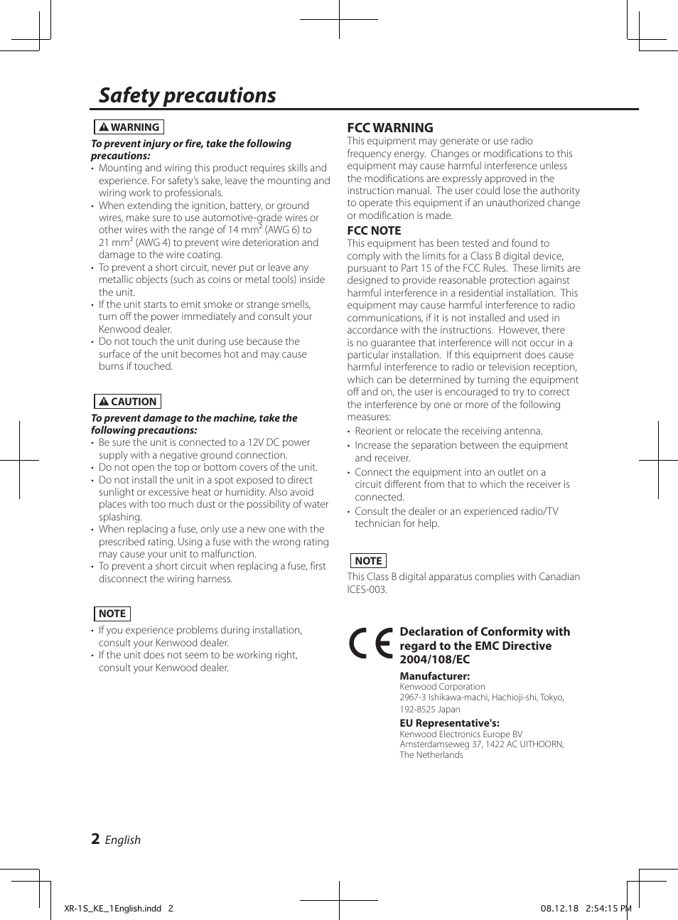 Safety precautions, Fcc warning | Kenwood XR-1S User Manual | Page 2 / 36