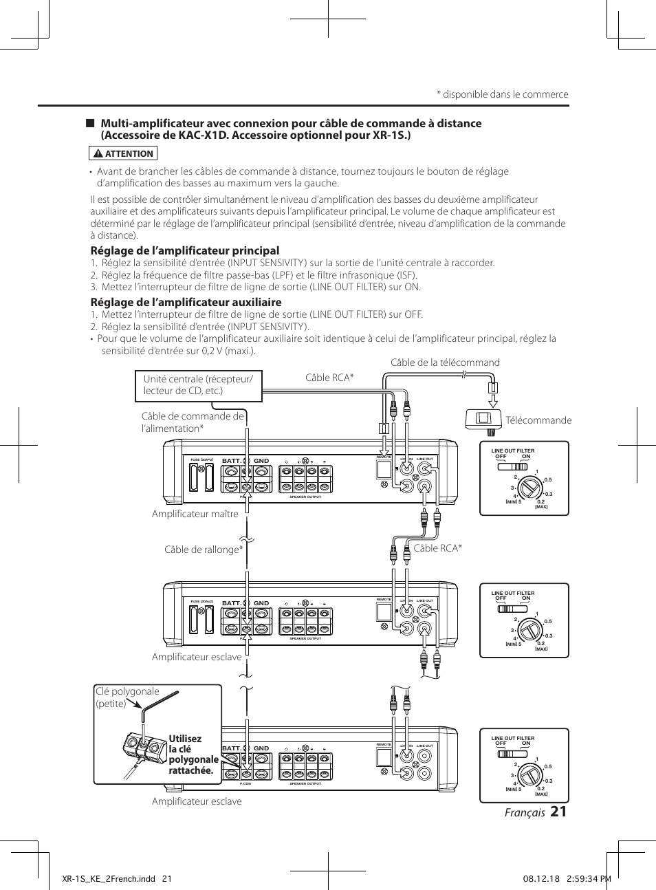 Français, Réglage de l’amplificateur principal, Réglage de l’amplificateur auxiliaire | Disponible dans le commerce, Attention | Kenwood XR-1S User Manual | Page 21 / 36