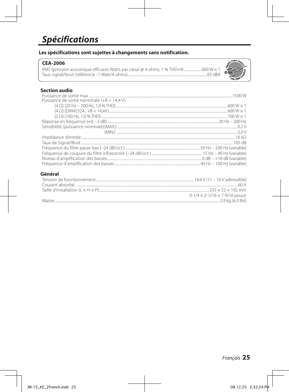 Spécifications | Kenwood XR-1S User Manual | Page 25 / 36