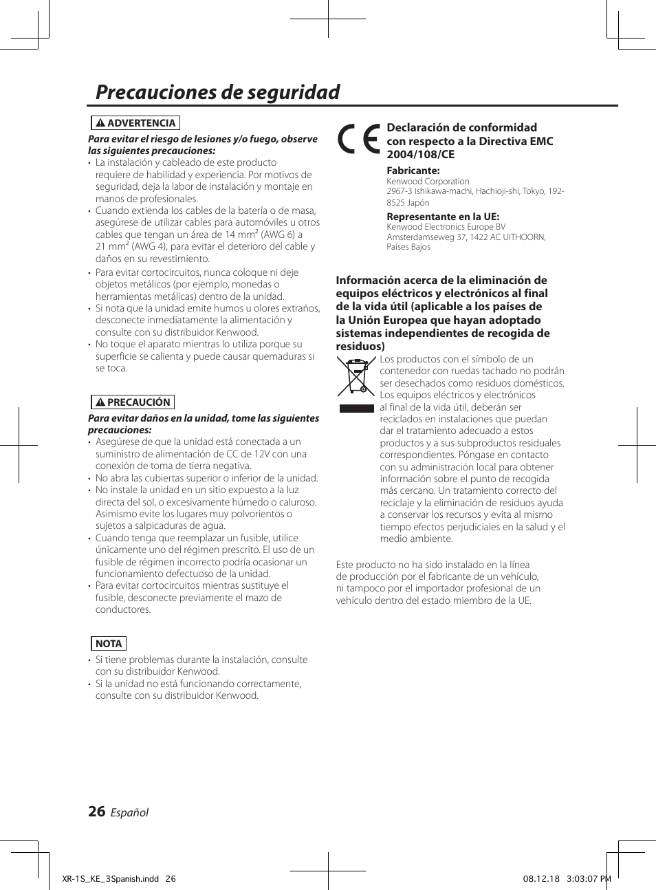 Precauciones de seguridad | Kenwood XR-1S User Manual | Page 26 / 36