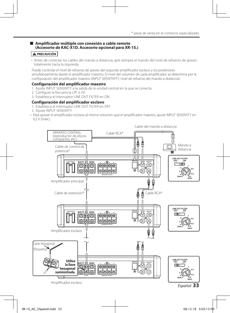 Español, Configuración del amplificador maestro, Configuración del amplificador esclavo | Pieza de venta en el comercio especializado, Precaución | Kenwood XR-1S User Manual | Page 33 / 36