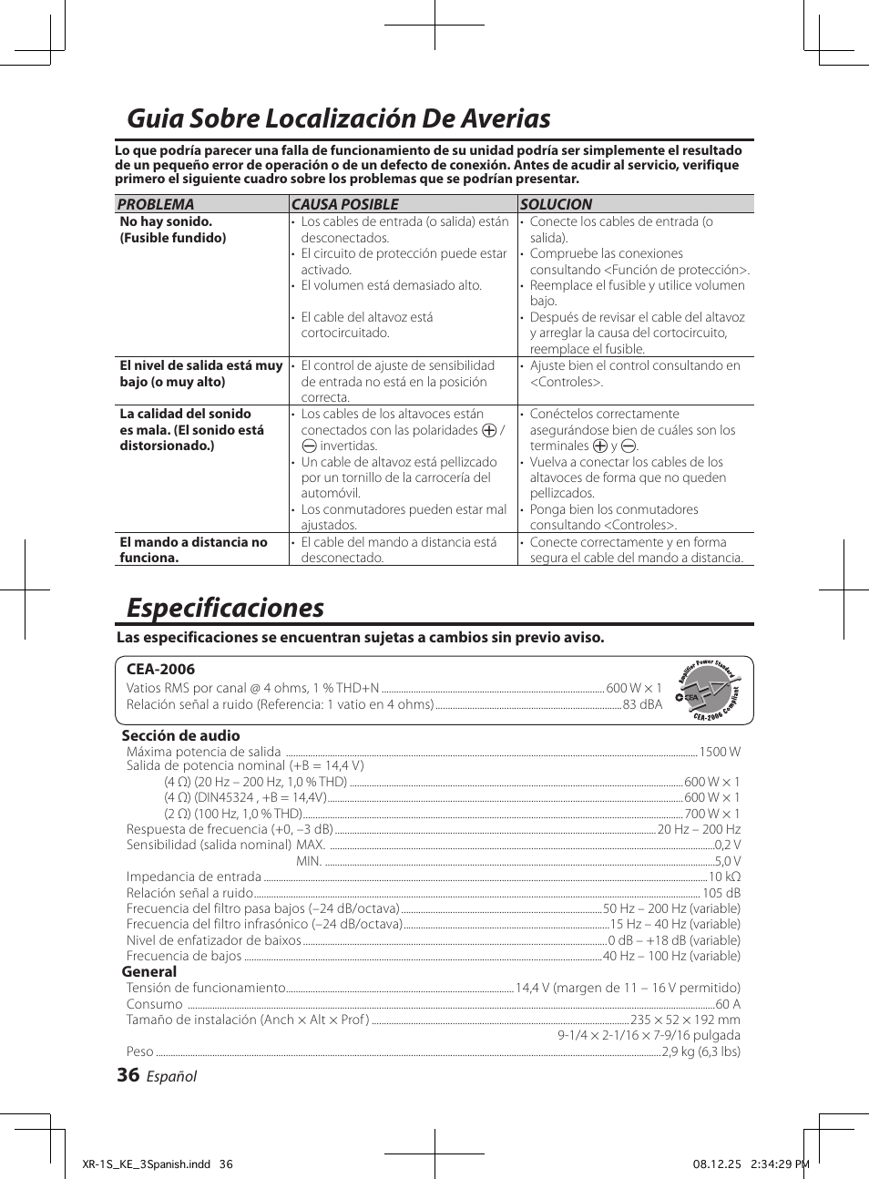 Guia sobre localización de averias, Especificaciones | Kenwood XR-1S User Manual | Page 36 / 36