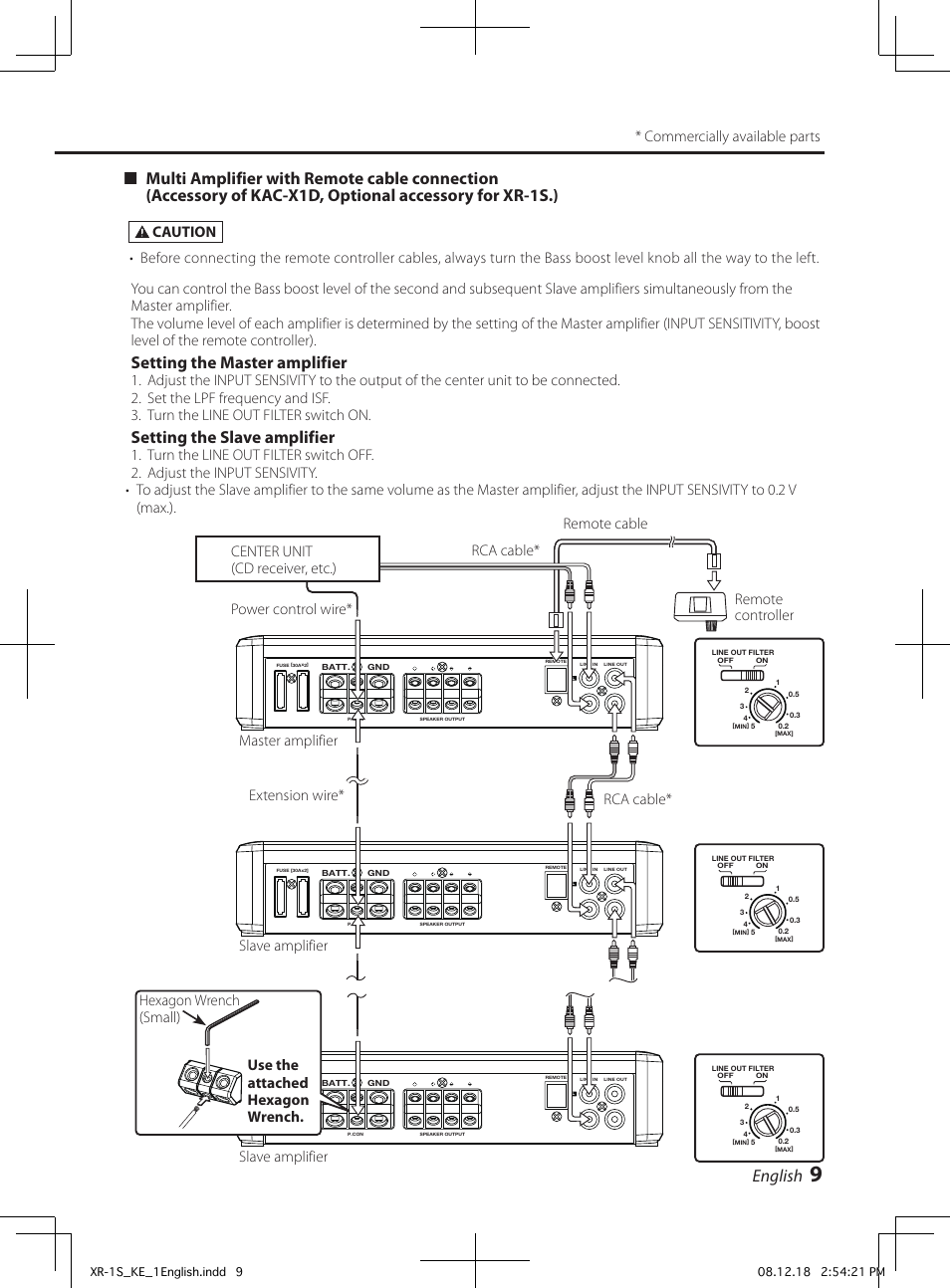 English, Setting the master amplifier, Setting the slave amplifier | Commercially available parts | Kenwood XR-1S User Manual | Page 9 / 36