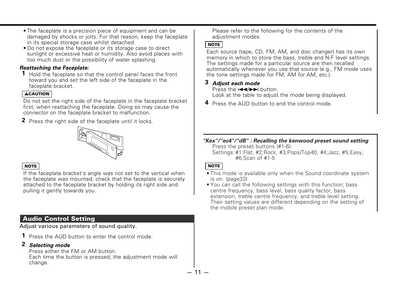 Audio control setting | Kenwood CASSETTE RECEIVER KRC-778RV User Manual | Page 11 / 48