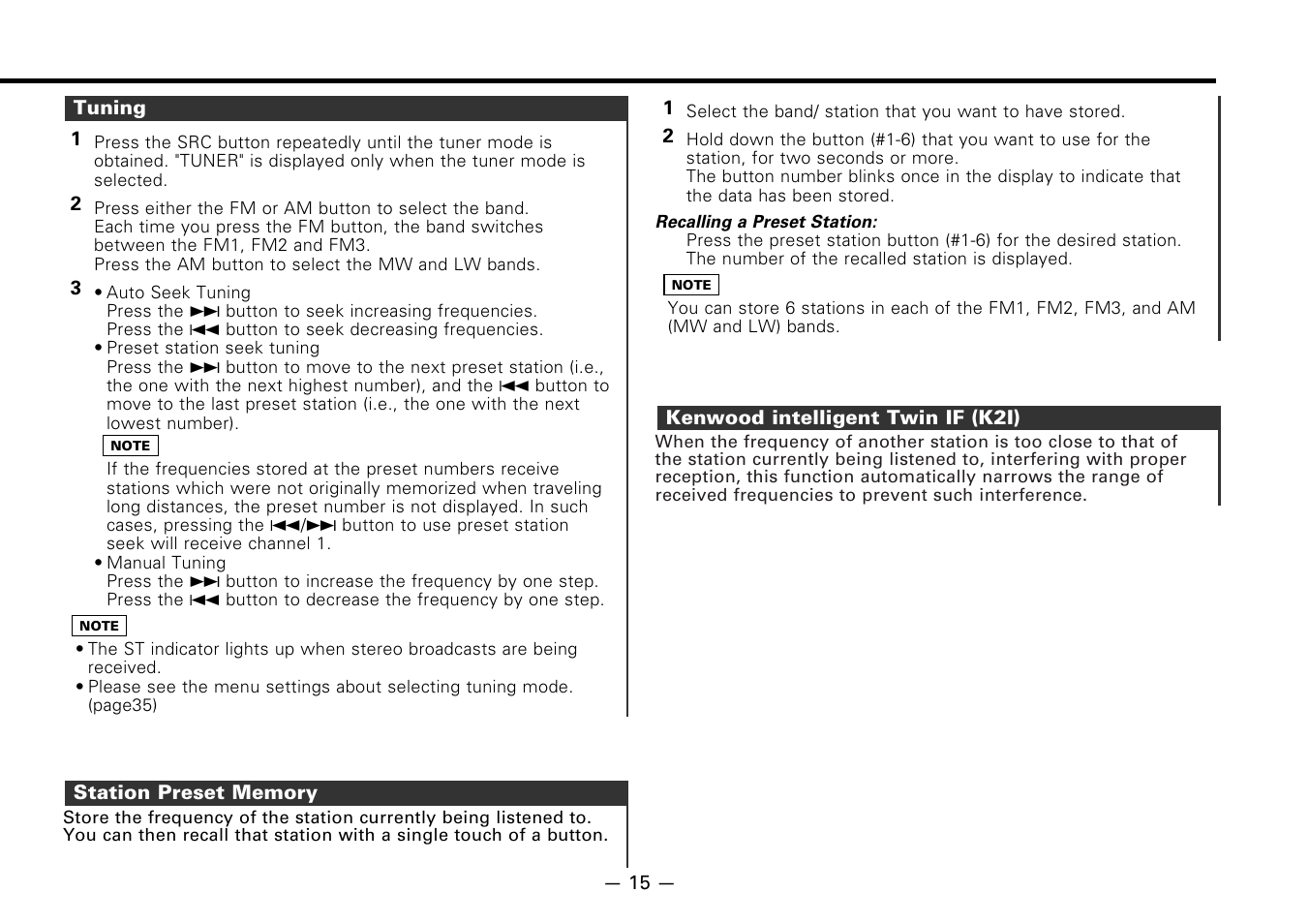 Tuning, Station preset memory, Kenwood intelligent twin if (k2i) | Kenwood CASSETTE RECEIVER KRC-778RV User Manual | Page 15 / 48