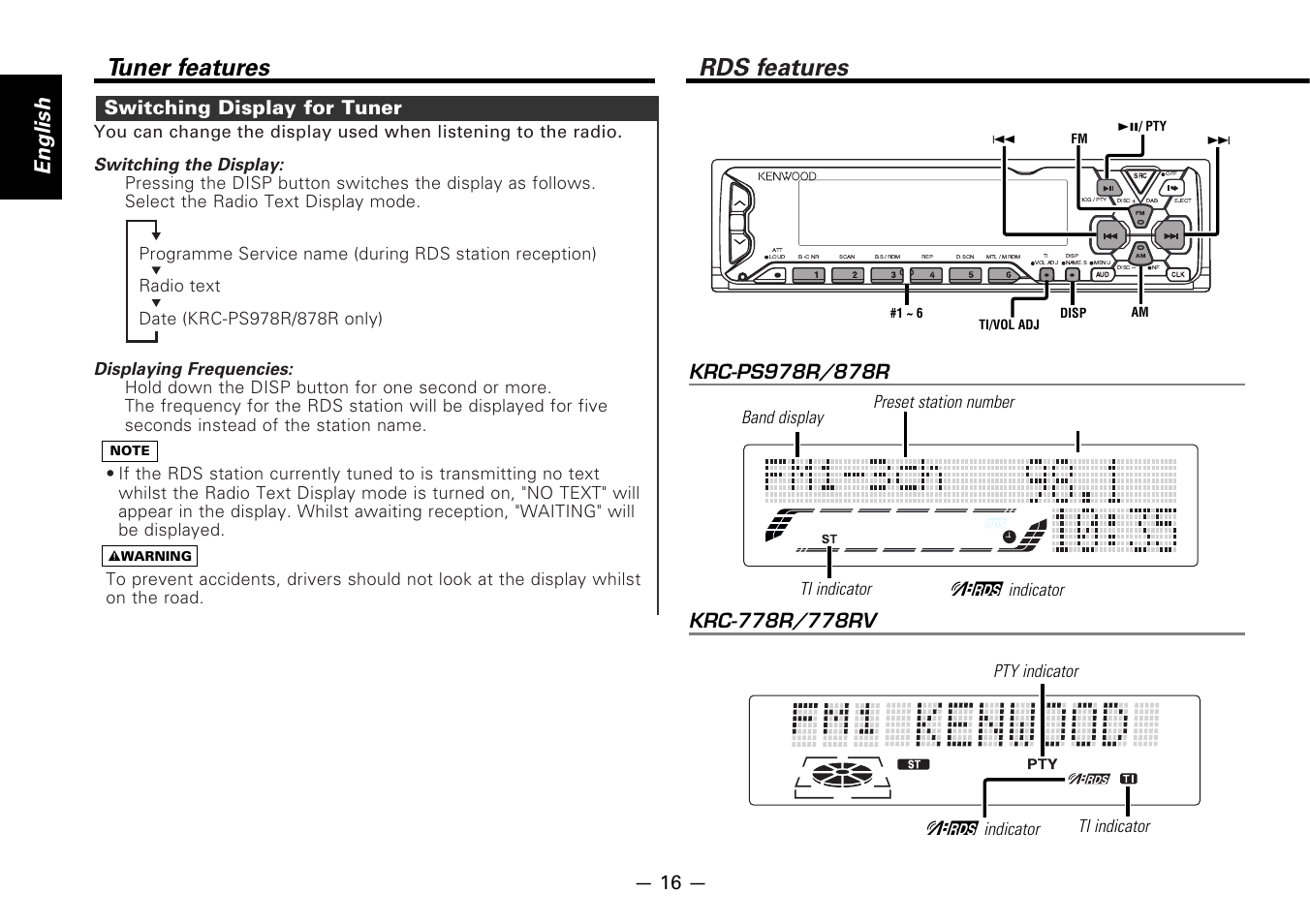 Switching display for tuner, Rds features, Tuner features | English, Switching the display, Displaying frequencies, Indicator | Kenwood CASSETTE RECEIVER KRC-778RV User Manual | Page 16 / 48
