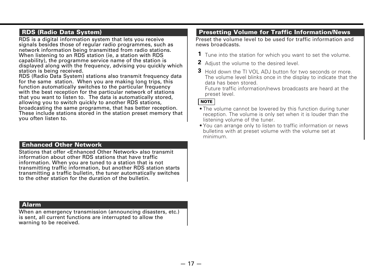 Rds (radio data system), Enhanced other network, Alarm | Presetting volume for traffic information/news | Kenwood CASSETTE RECEIVER KRC-778RV User Manual | Page 17 / 48