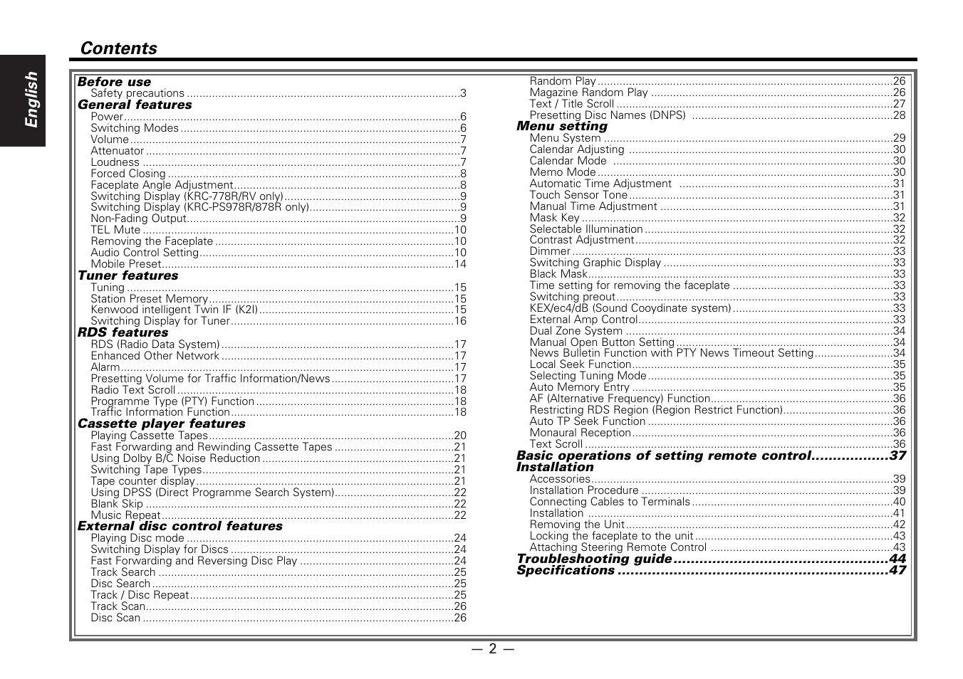 Kenwood CASSETTE RECEIVER KRC-778RV User Manual | Page 2 / 48