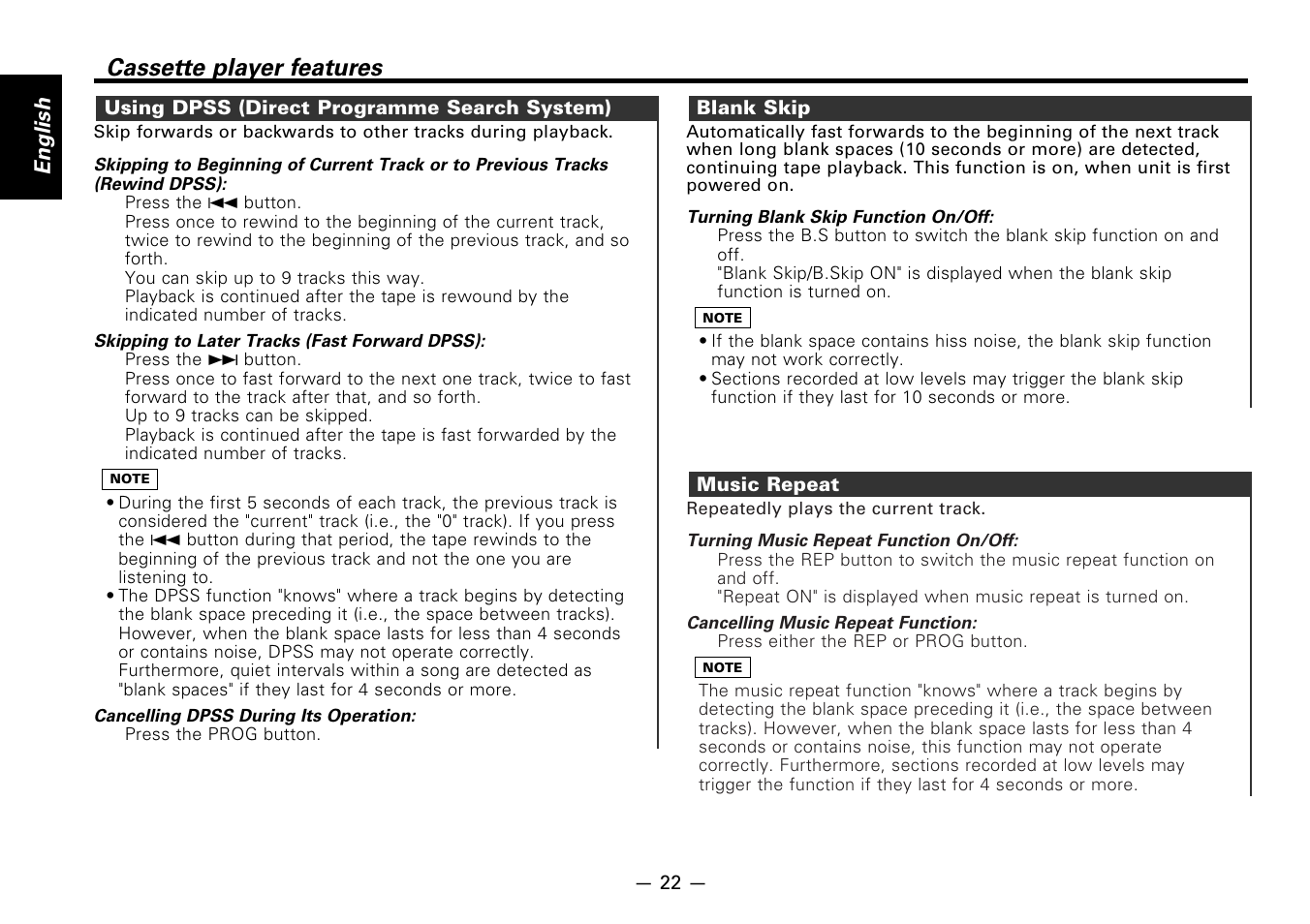 Using dpss (direct programme search system), Blank skip, Music repeat | Cassette player features, English | Kenwood CASSETTE RECEIVER KRC-778RV User Manual | Page 22 / 48