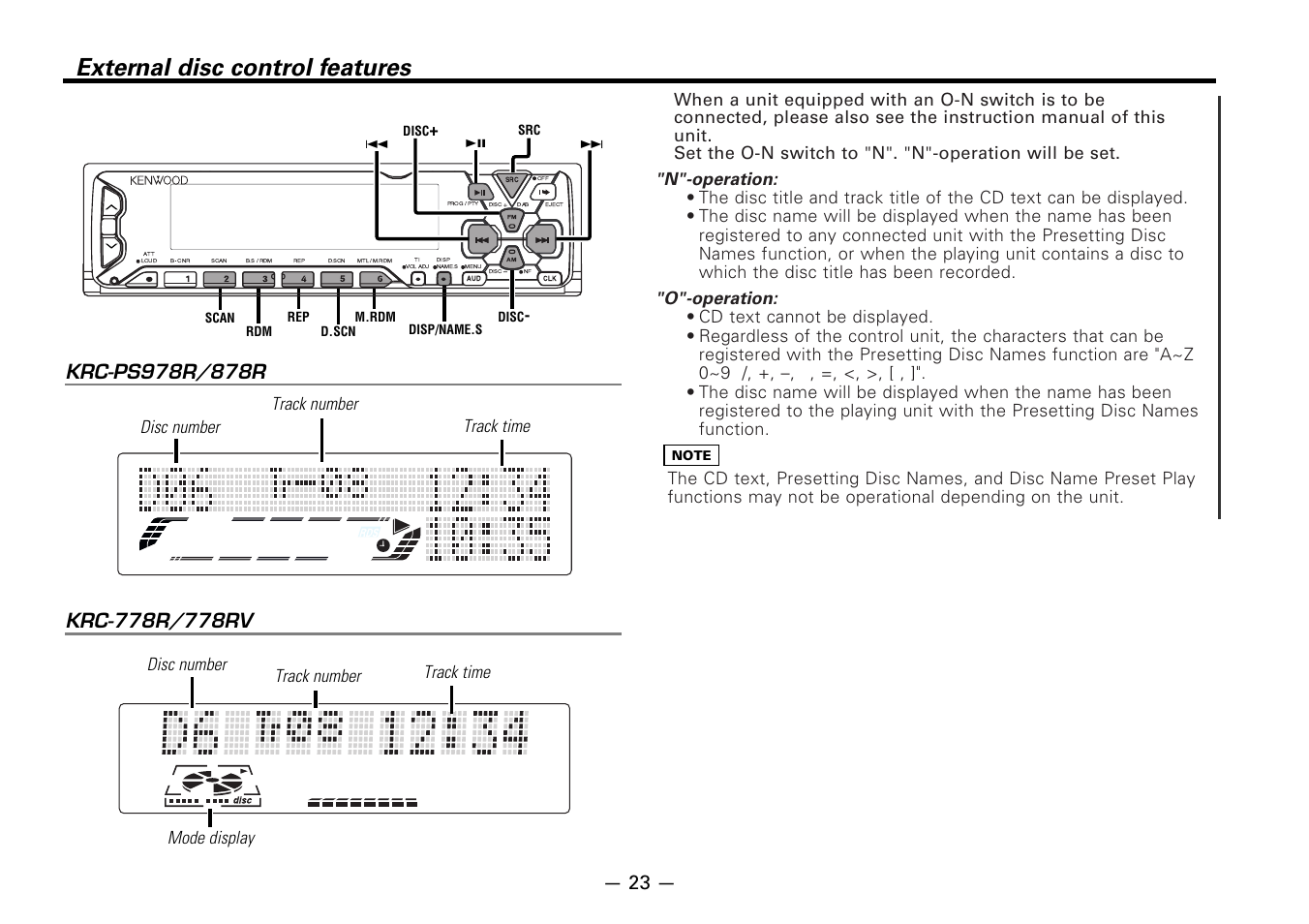 External disc control features, N"-operation, O"-operation | Kenwood CASSETTE RECEIVER KRC-778RV User Manual | Page 23 / 48