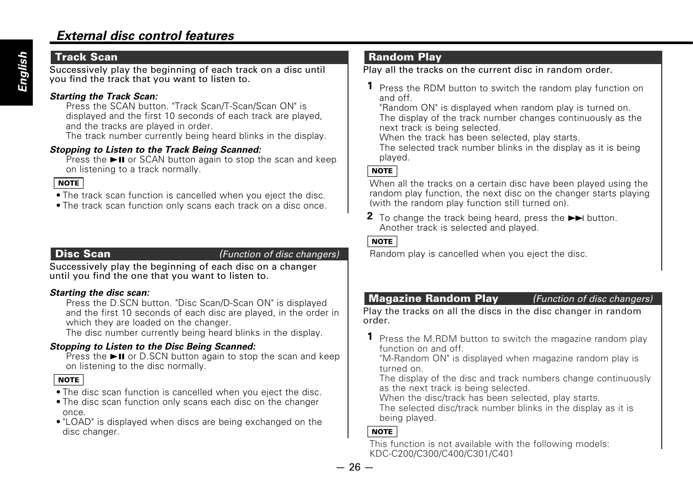 Track scan, Disc scan, Random play | Magazine random play, External disc control features, English | Kenwood CASSETTE RECEIVER KRC-778RV User Manual | Page 26 / 48