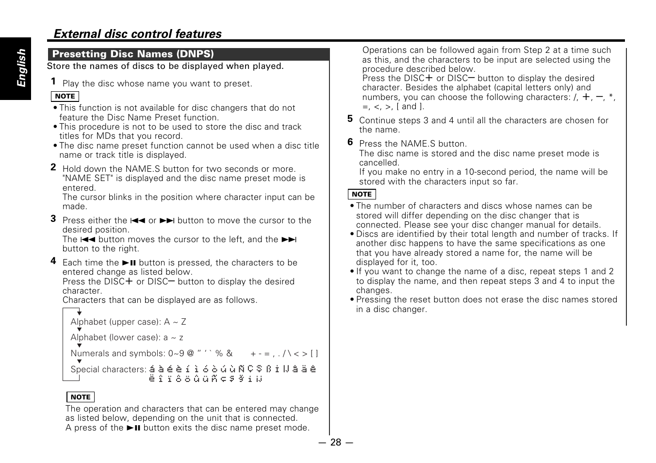 Presetting disc names (dnps), External disc control features | Kenwood CASSETTE RECEIVER KRC-778RV User Manual | Page 28 / 48
