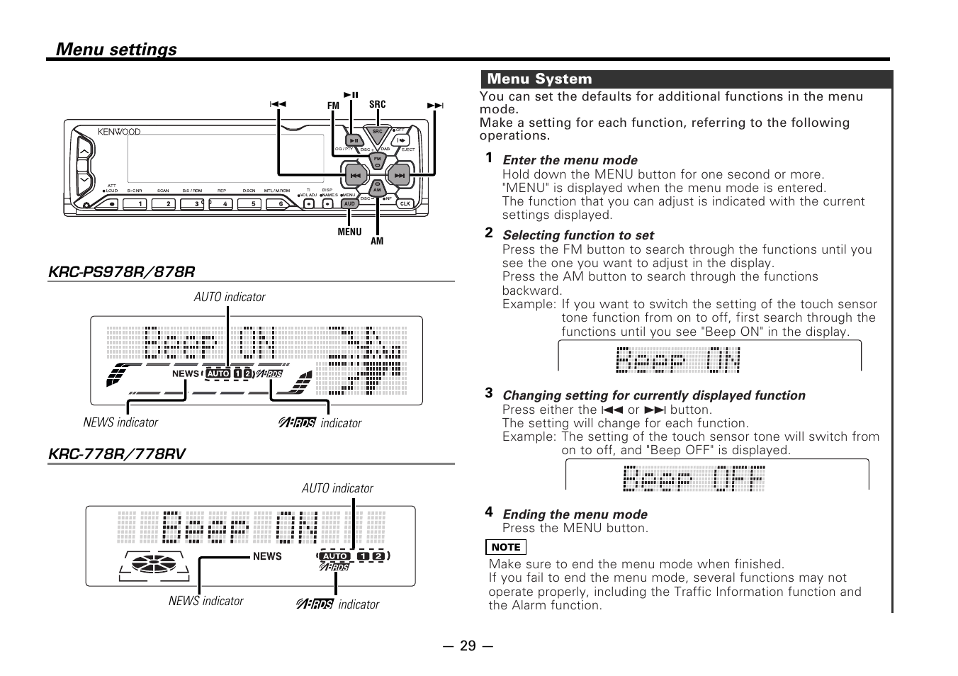 Menu settings, Menu system, 43 2 1 menu system | Enter the menu mode, Selecting function to set, Changing setting for currently displayed function, Ending the menu mode, Auto indicator news indicator, Indicator auto indicator news indicator, Indicator | Kenwood CASSETTE RECEIVER KRC-778RV User Manual | Page 29 / 48