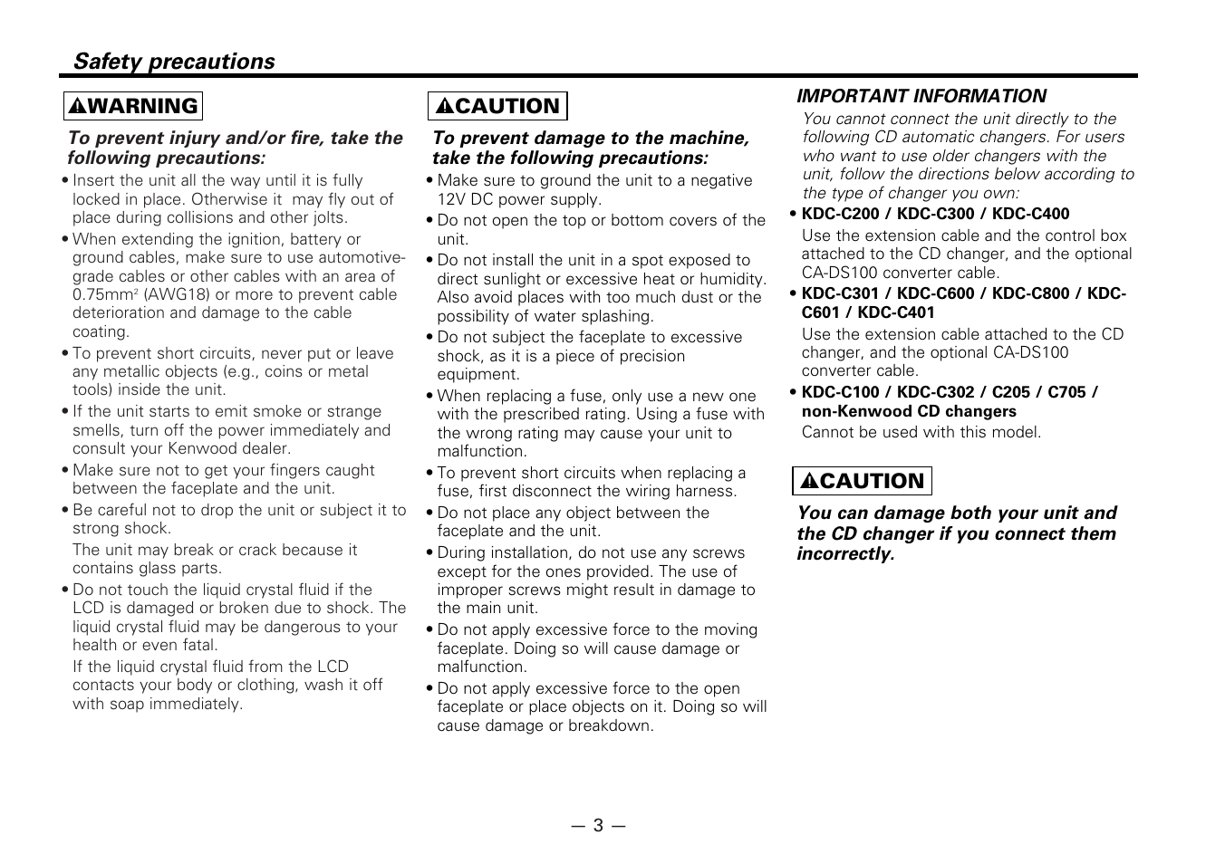Safety precautions, 2 warning, 2 caution | Kenwood CASSETTE RECEIVER KRC-778RV User Manual | Page 3 / 48