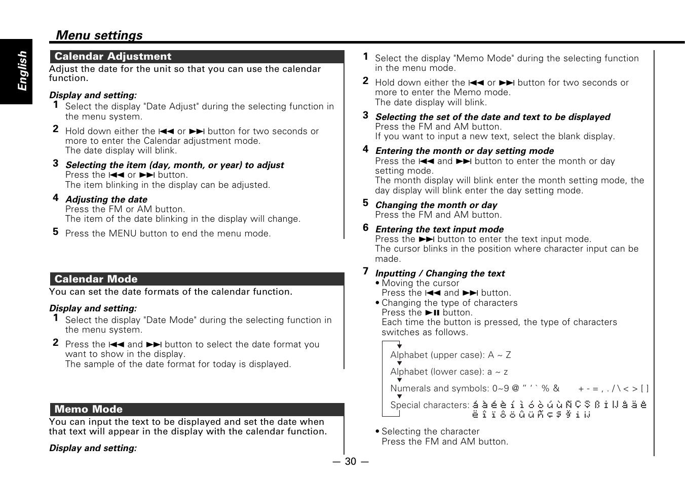 Calendar adjustment, Calendar mode, Memo mode | Menu settings | Kenwood CASSETTE RECEIVER KRC-778RV User Manual | Page 30 / 48