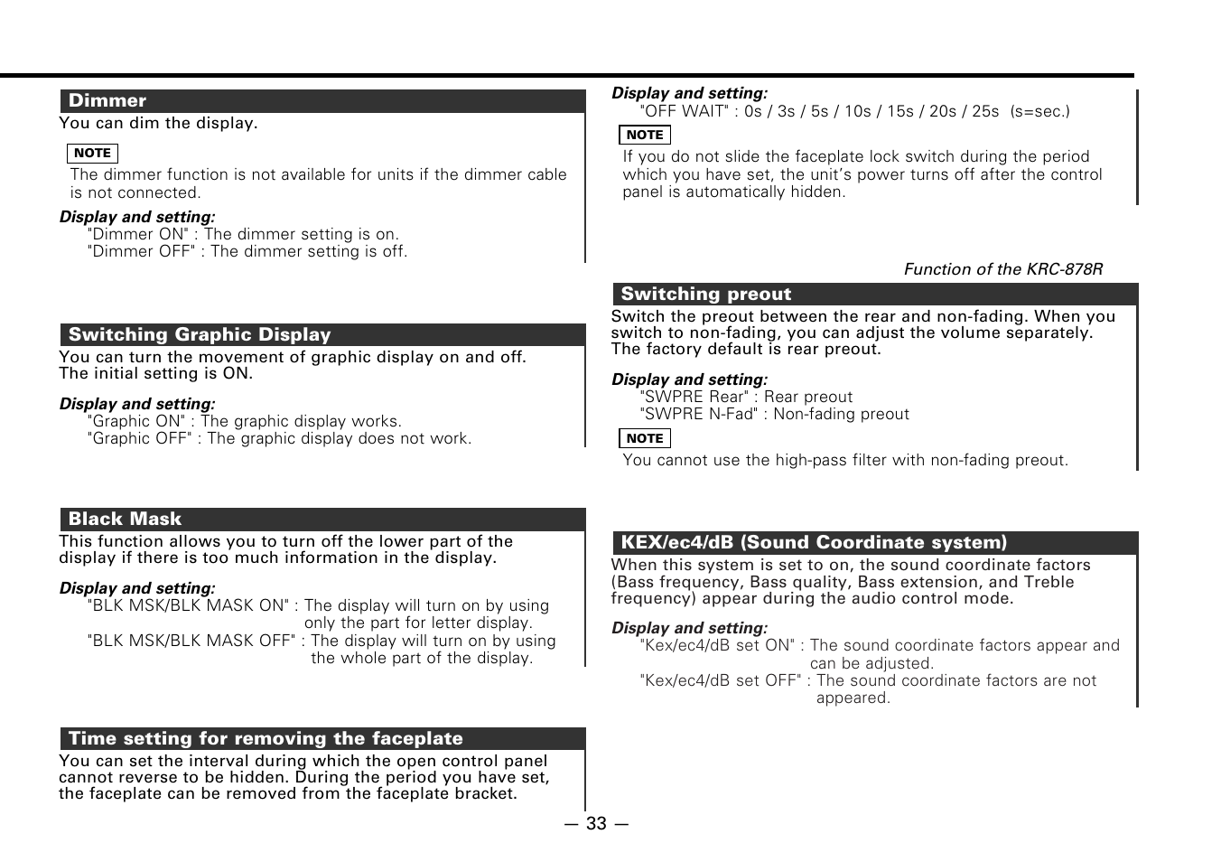 Dimmer, Switching graphic display, Black mask | Time setting for removing the faceplate, Switching preout, Kex/ec4/db (sound coordinate system) | Kenwood CASSETTE RECEIVER KRC-778RV User Manual | Page 33 / 48