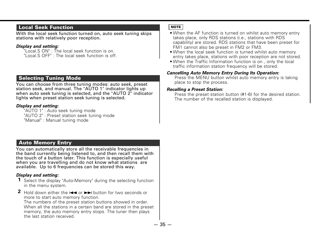 Local seek function, Selecting tuning mode, Auto memory entry | Kenwood CASSETTE RECEIVER KRC-778RV User Manual | Page 35 / 48
