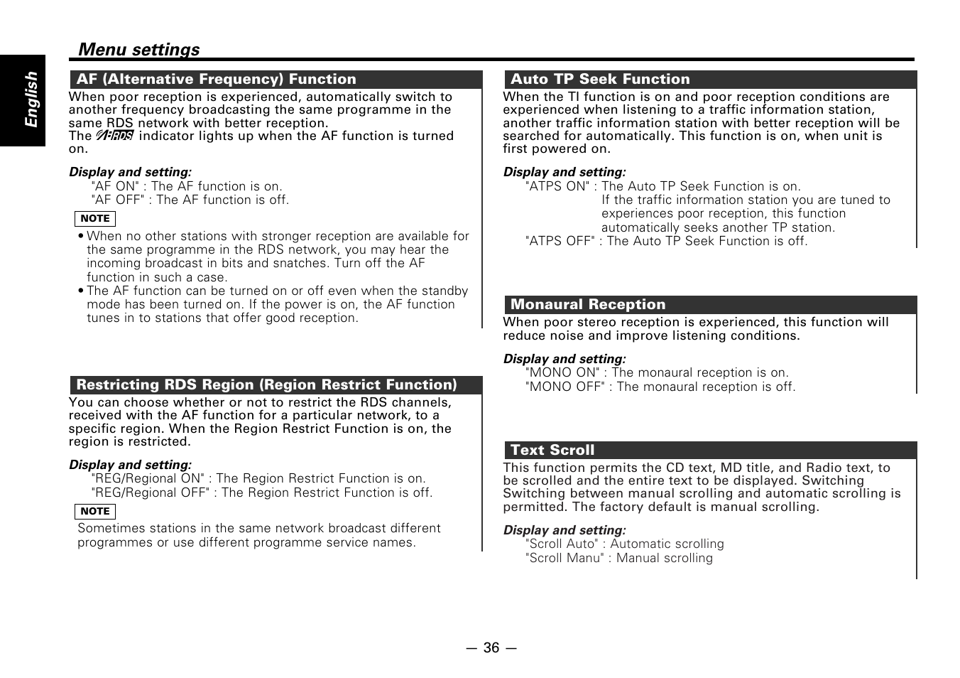 Af (alternative frequency) function, Restricting rds region (region restrict function), Auto tp seek function | Monaural reception, Text scroll, Menu settings | Kenwood CASSETTE RECEIVER KRC-778RV User Manual | Page 36 / 48