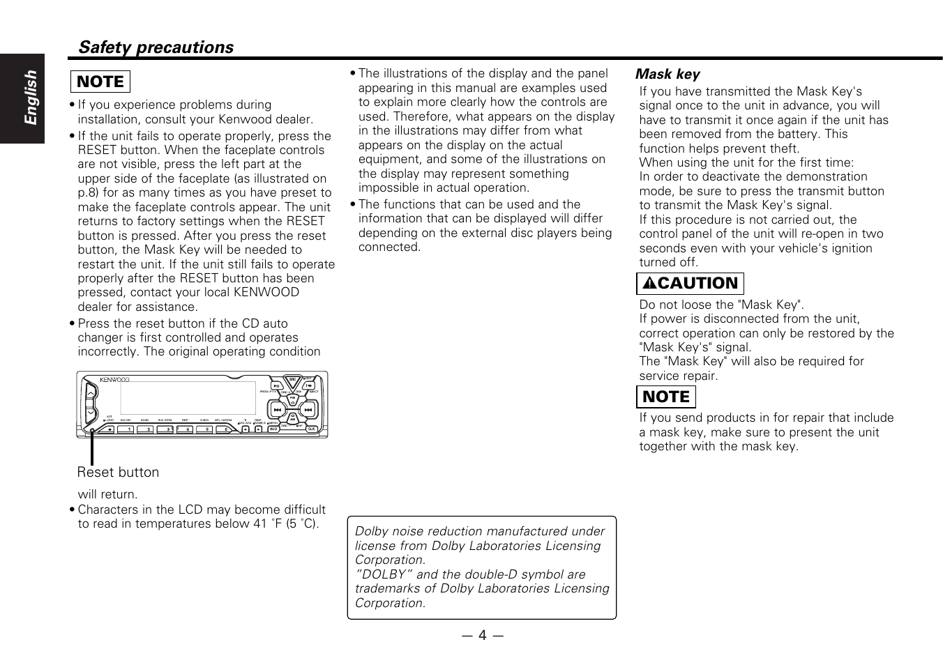 Safety precautions, English, Reset button | Mask key | Kenwood CASSETTE RECEIVER KRC-778RV User Manual | Page 4 / 48