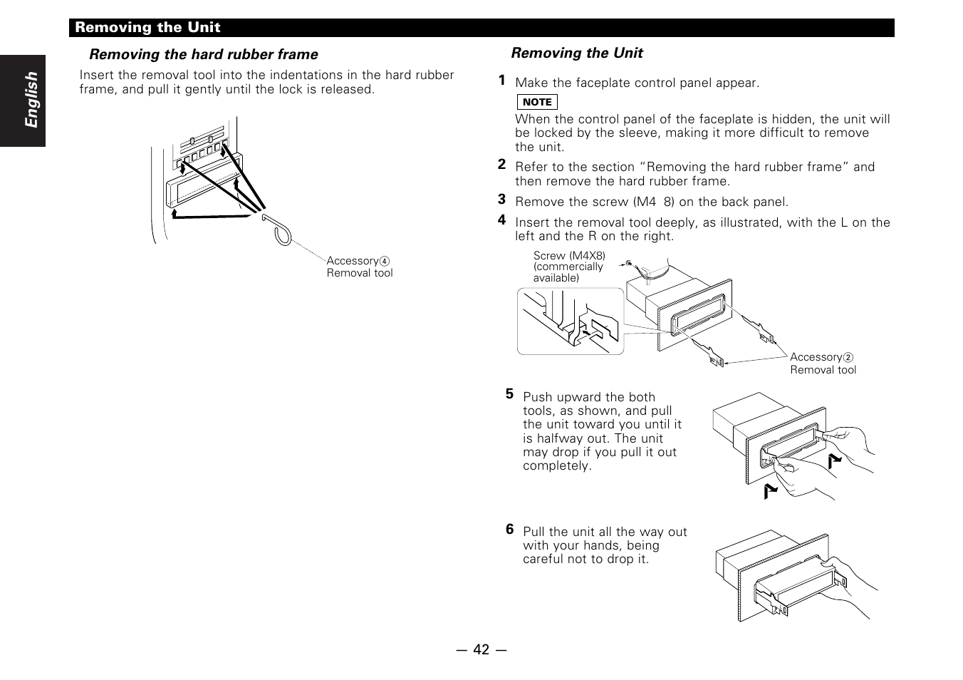 Removing the unit, English | Kenwood CASSETTE RECEIVER KRC-778RV User Manual | Page 42 / 48