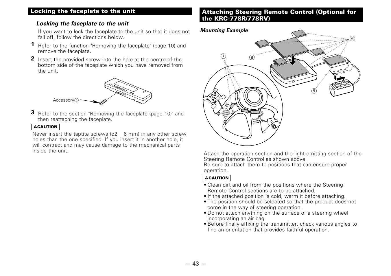 Locking the faceplate to the unit | Kenwood CASSETTE RECEIVER KRC-778RV User Manual | Page 43 / 48