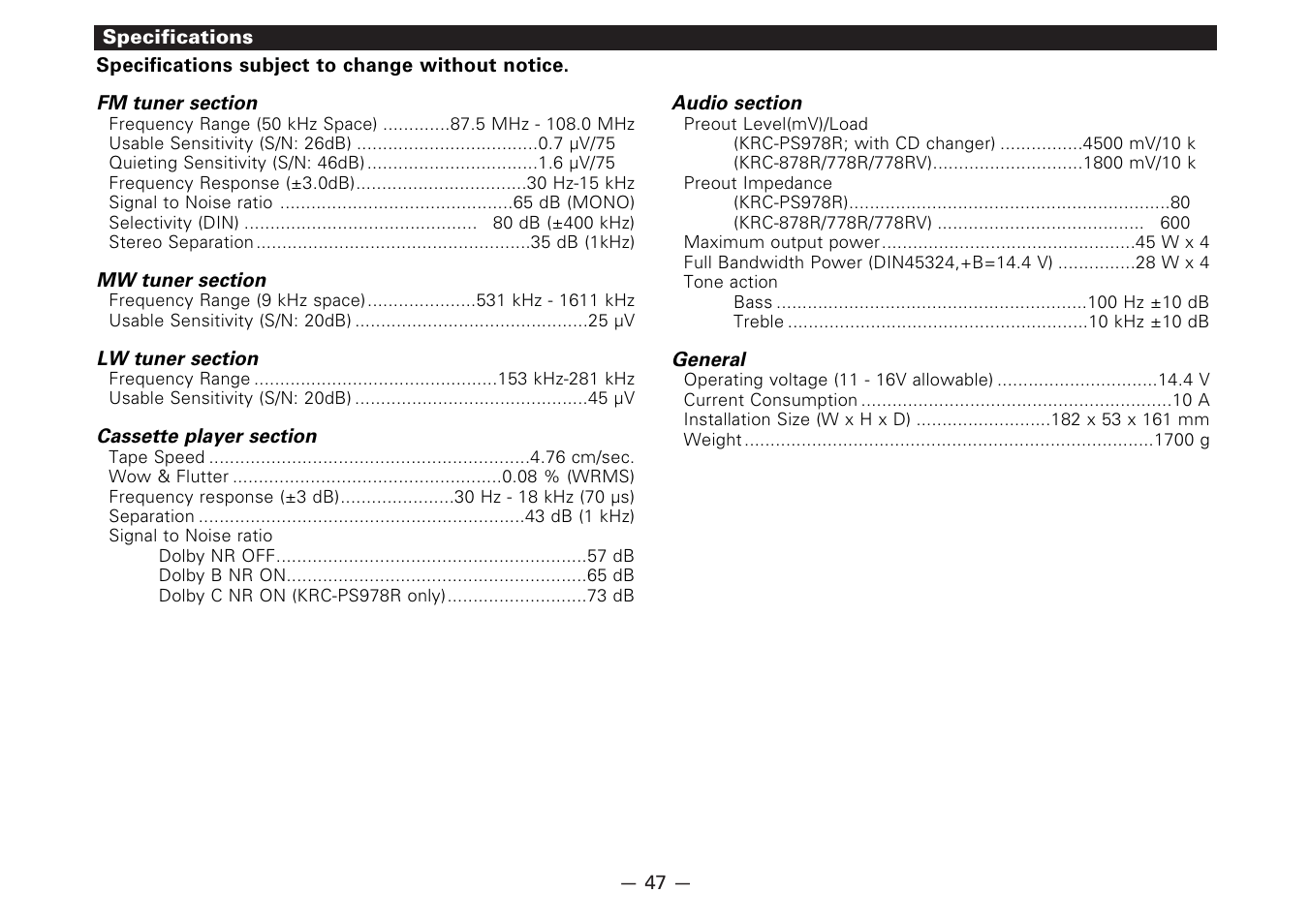 Specifications | Kenwood CASSETTE RECEIVER KRC-778RV User Manual | Page 47 / 48