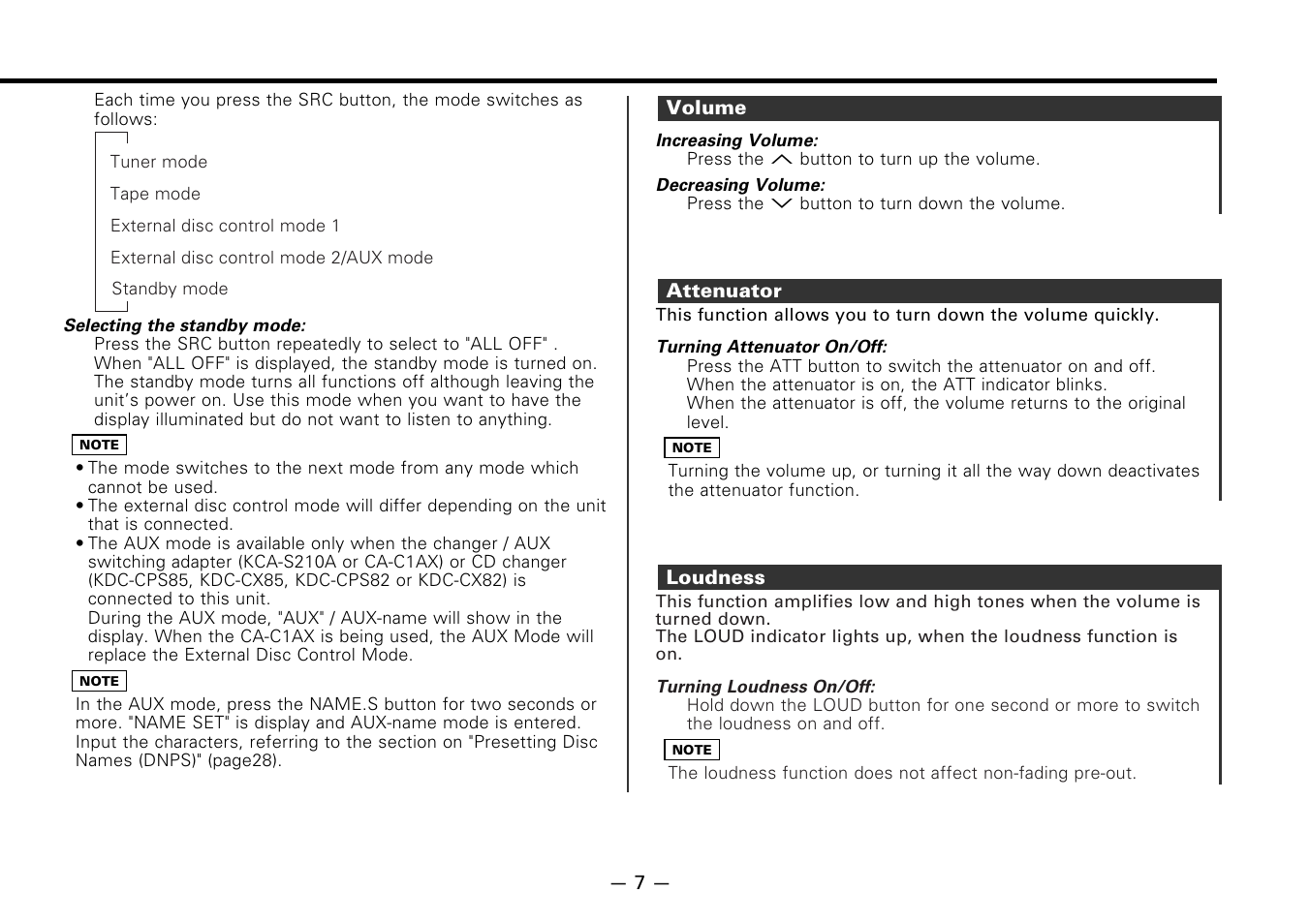 Volume, Attenuator, Loudness | Kenwood CASSETTE RECEIVER KRC-778RV User Manual | Page 7 / 48