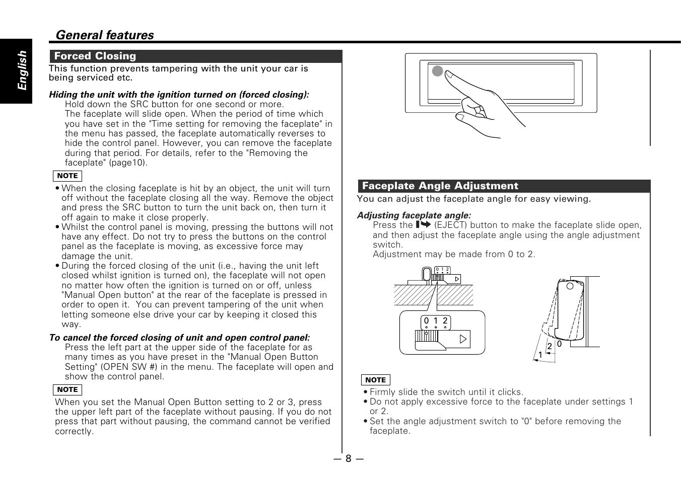 Forced closing, Faceplate angle adjustment, General features | English | Kenwood CASSETTE RECEIVER KRC-778RV User Manual | Page 8 / 48