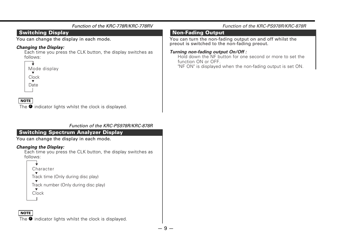 Switching display, Switching spectrum analyzer display, Non-fading output | Kenwood CASSETTE RECEIVER KRC-778RV User Manual | Page 9 / 48