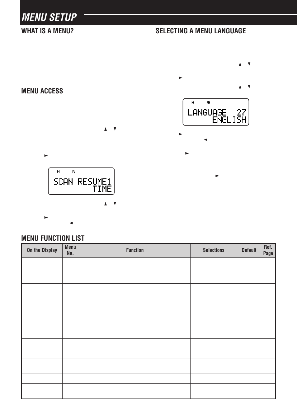 Menu setup, What is a menu, Menu access | Menu function list selecting a menu language | Kenwood TH-F7E User Manual | Page 14 / 64