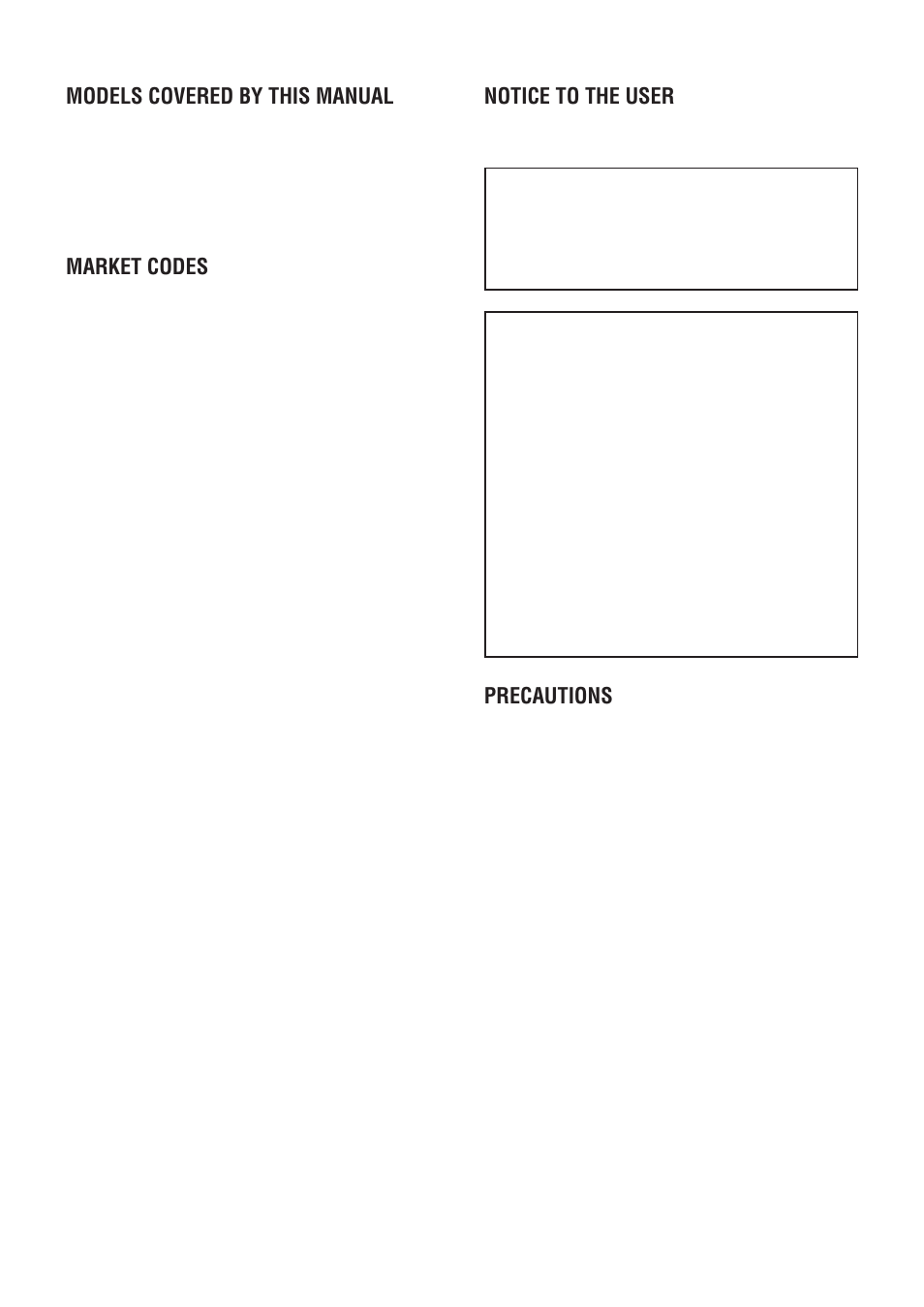 Models covered by this manual, Market codes, Notice to the user | Precautions | Kenwood TH-F7E User Manual | Page 2 / 64