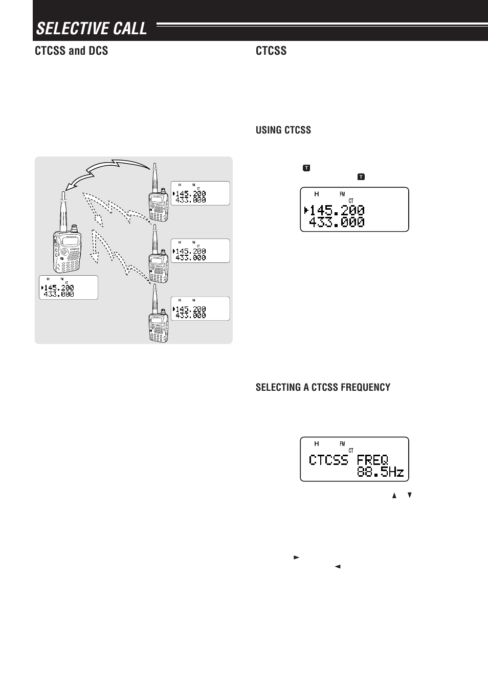 Selective call, Ctcss and dcs, Ctcss | Using ctcss, Selecting a ctcss frequency | Kenwood TH-F7E User Manual | Page 33 / 64