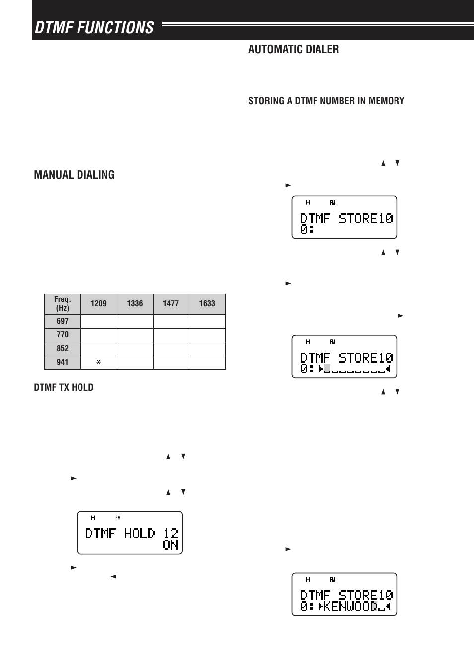 Dtmf functions, Manual dialing, Automatic dialer | Kenwood TH-F7E User Manual | Page 36 / 64